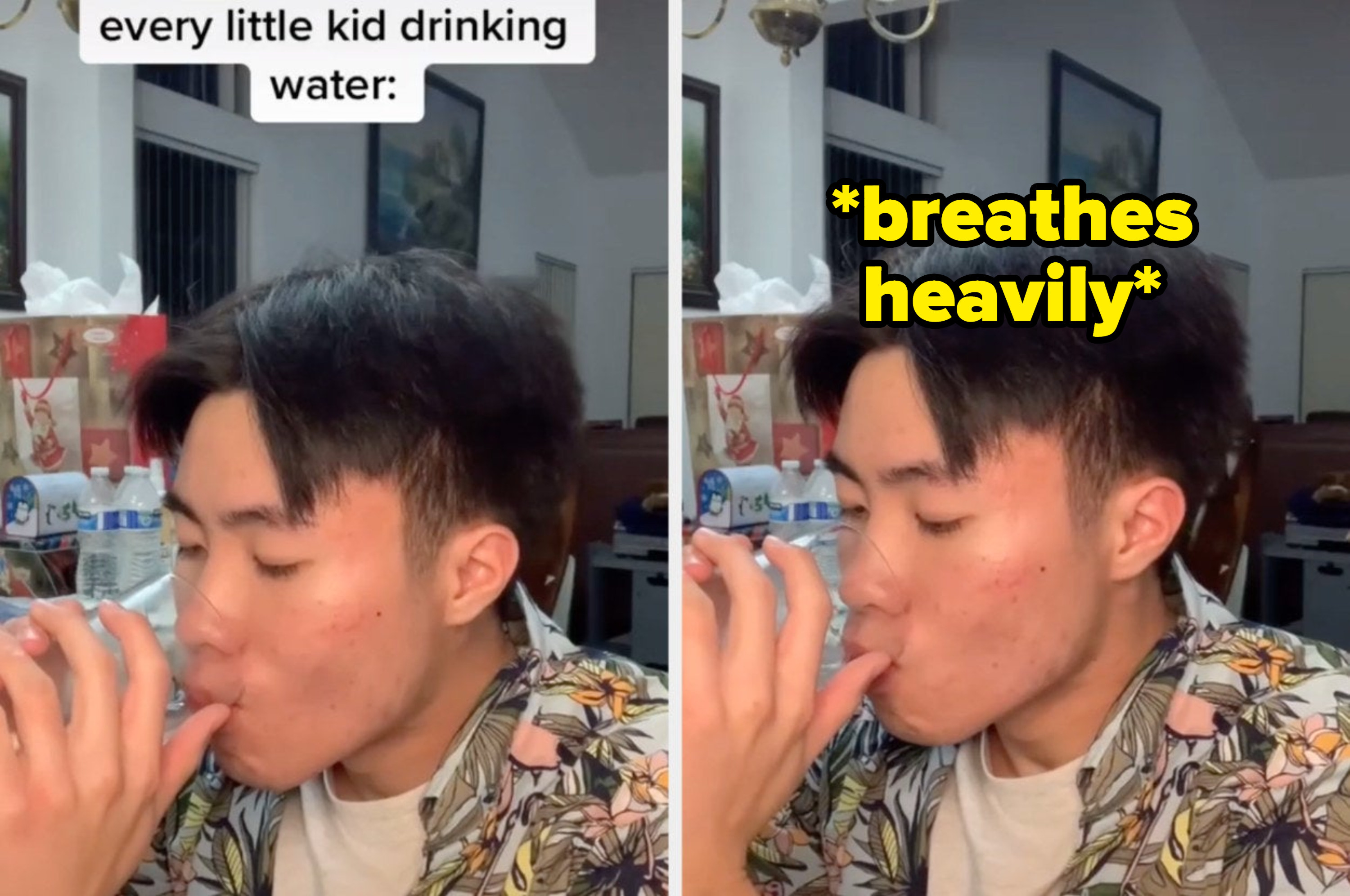 A TikToker drinks a cup of water while breathing heavily