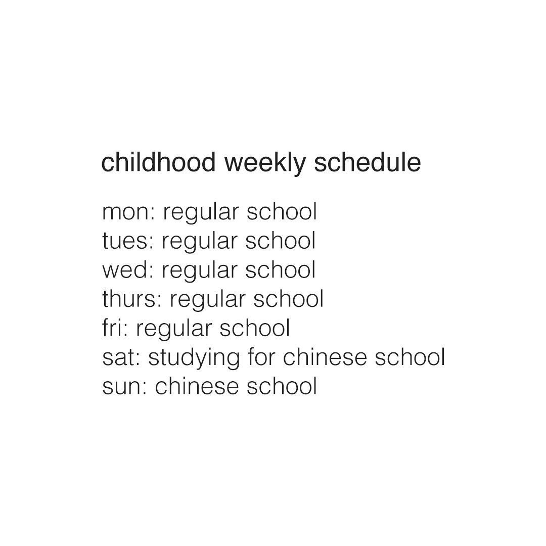 Sample of a childhood weekly schedule that lists regular school from Monday to Friday and then lists Saturday as studying day and Sunday for Chinese school