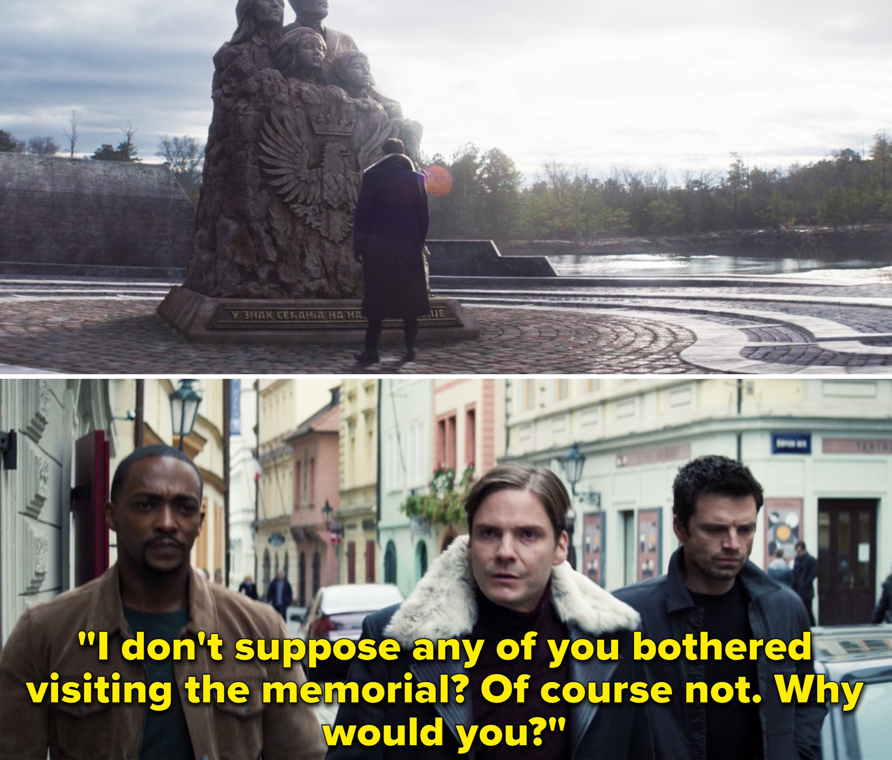 Zemo saying, &quot;I don&#x27;t suppose any of you bothered visiting the memorial? Of course not. Why would you?&quot;