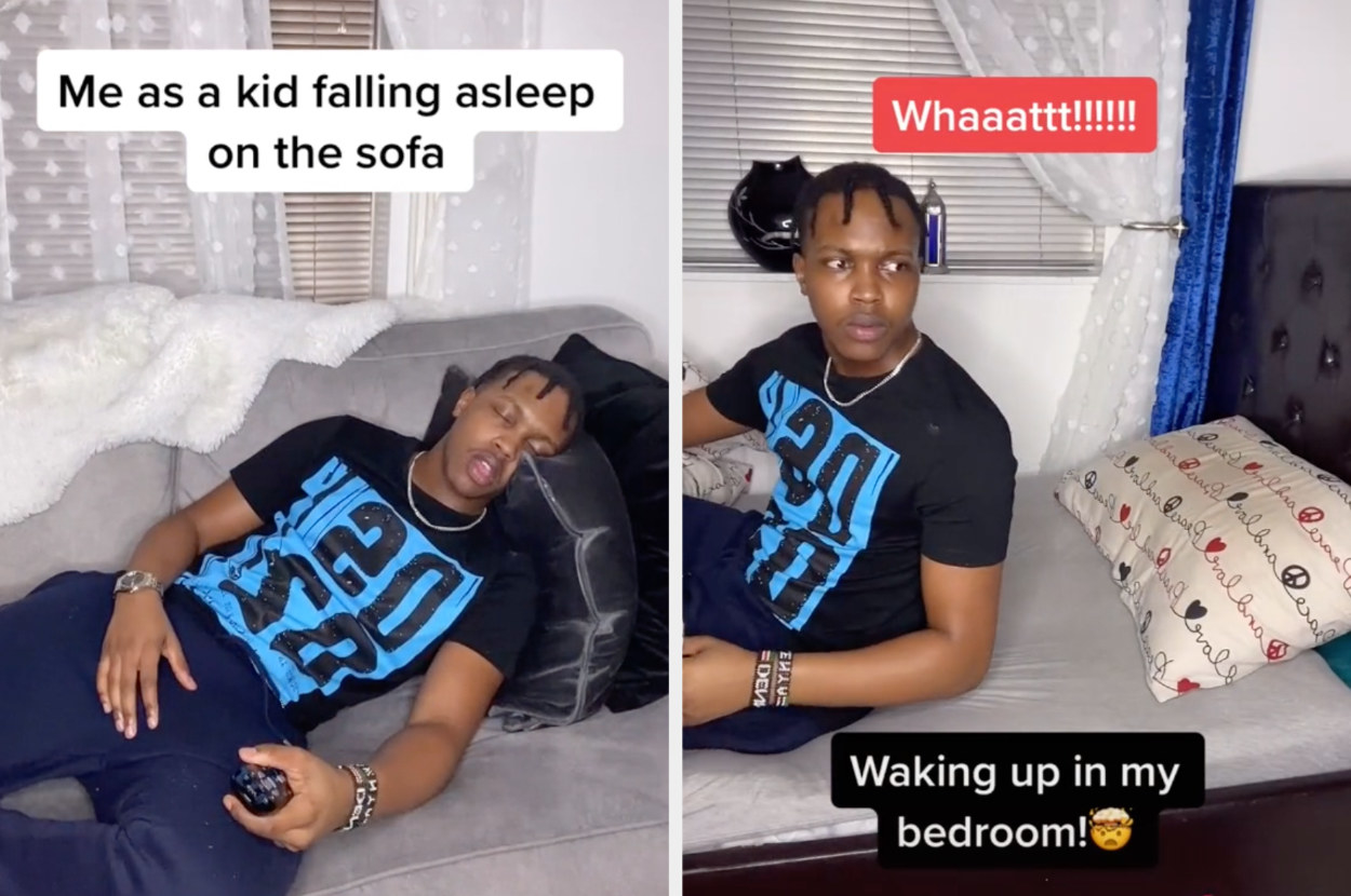 A TikToker sleeping on a couch then waking up in bed, completely freaked out