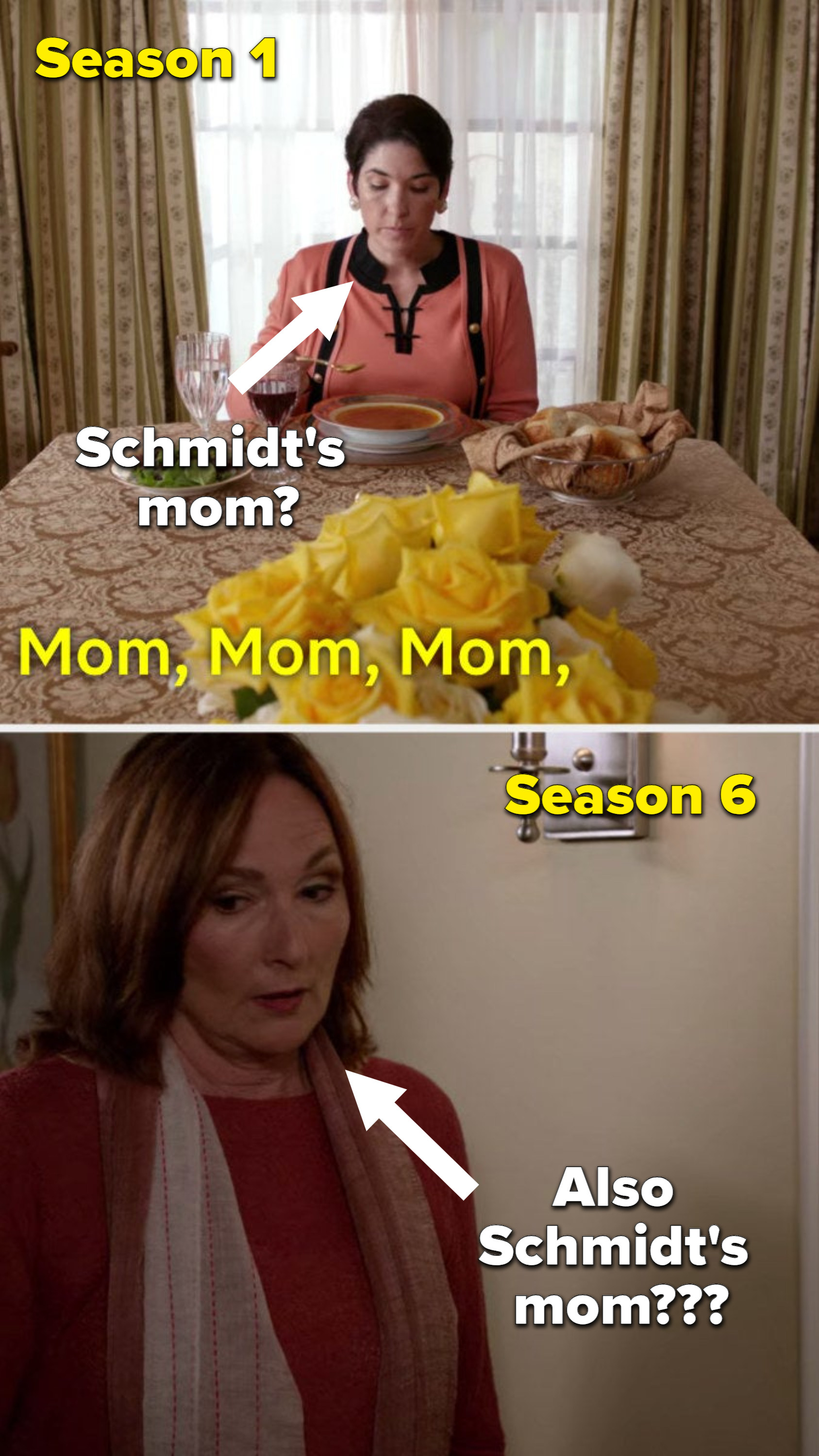 One actress with an arrow pointed to her that says &quot;schmidt&#x27;s mom&quot; and another actress with an arrow pointed to her that says &quot;also schmidt&#x27;s mom???&quot;