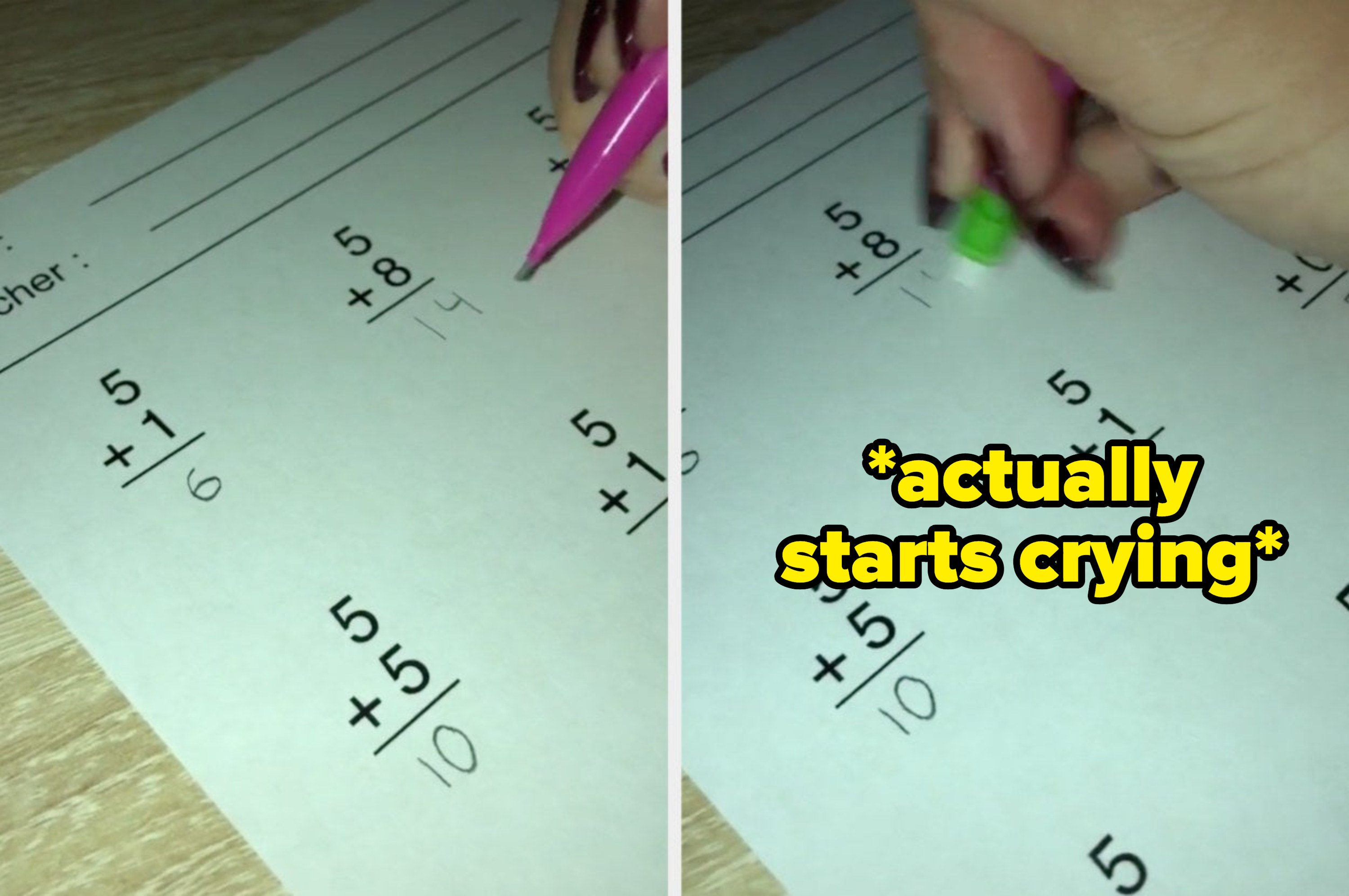 Someone fills out answers on their math homework with the caption: &quot;actually starts crying&quot;