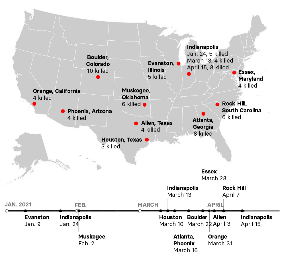 A map of the US shows dots on cities where mass shootings have taken place in 2021, including Phoenix, Boulder, Houston, Atlanta, and Indianapolis, with corresponding counts of how many people were killed in each location