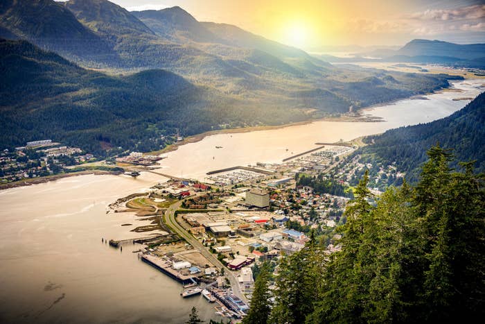 Aerial view of Juneau, Alaska, showing the city next to tall trees and water