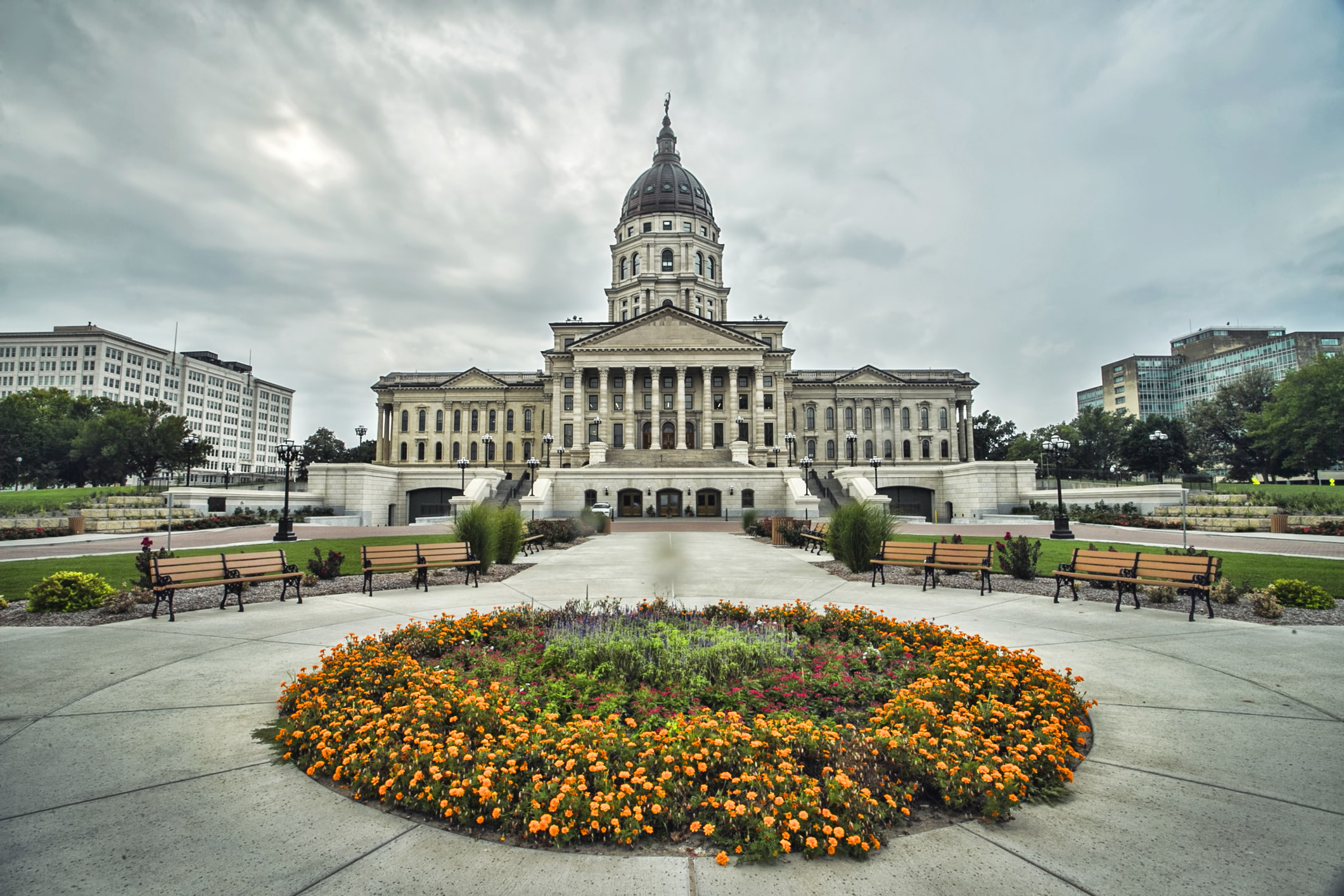 Topeka capitol building with flowers out front