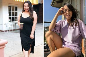 (left) Black knit maxi dress (right) Lilac two-piece loungewear set