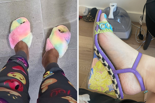 reviewer wearing rainbow tie-dye slippers and BuzzFeed editor wearing floral wedges