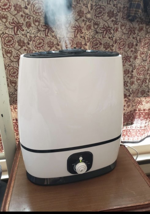 a reviewer showing the humidifier in use 
