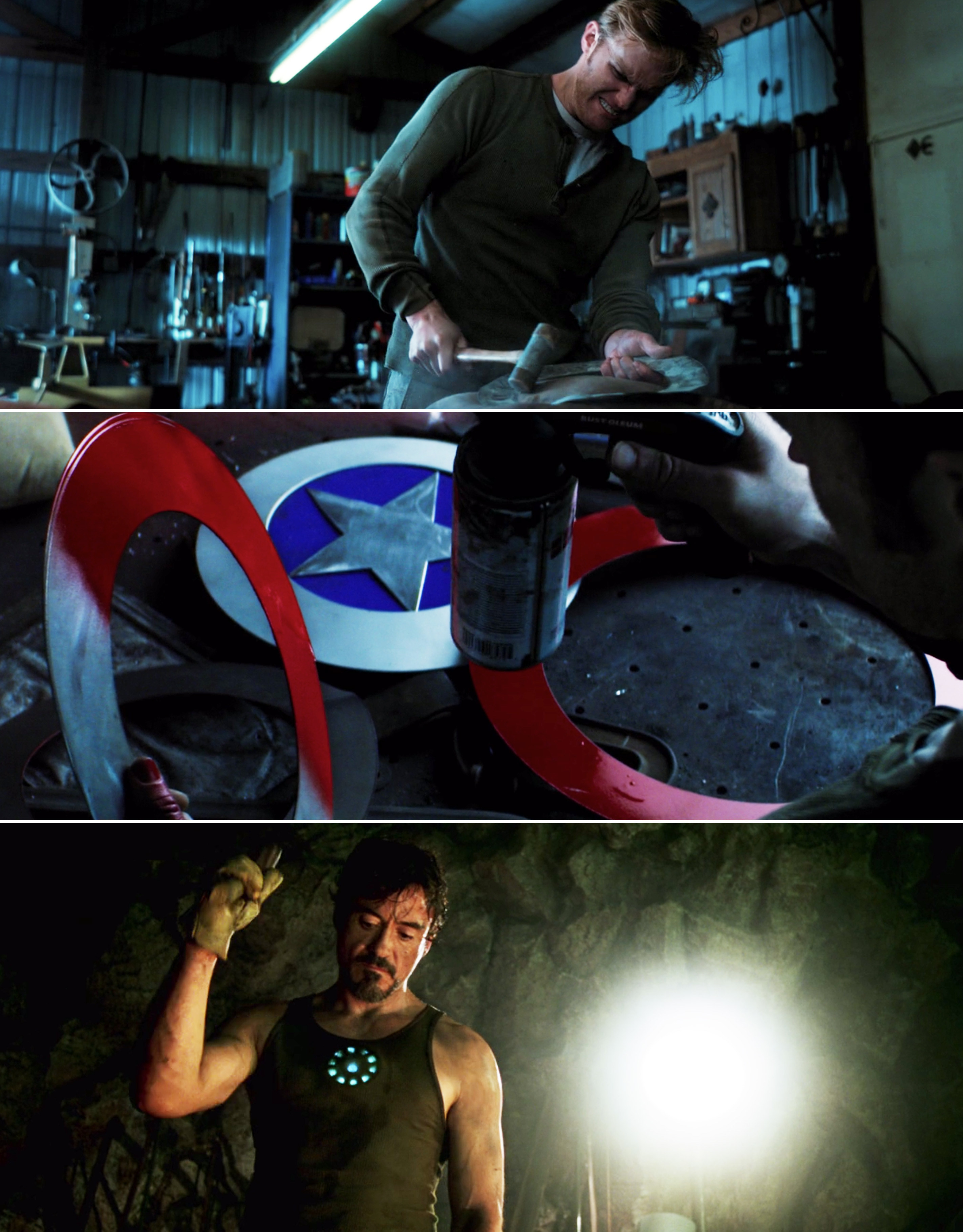 John hammering his shield vs. Tony hammering in a cave