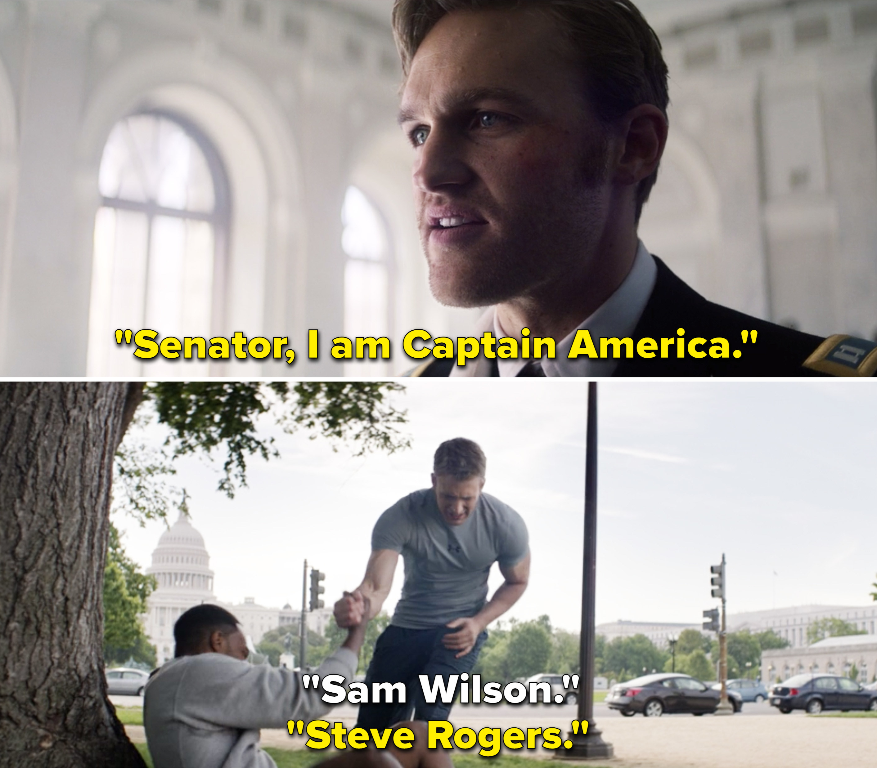 John saying, &quot;Senator, I am Captain America&quot; vs. Steve introducing himself to Sam as &quot;Steve Rogers&quot;