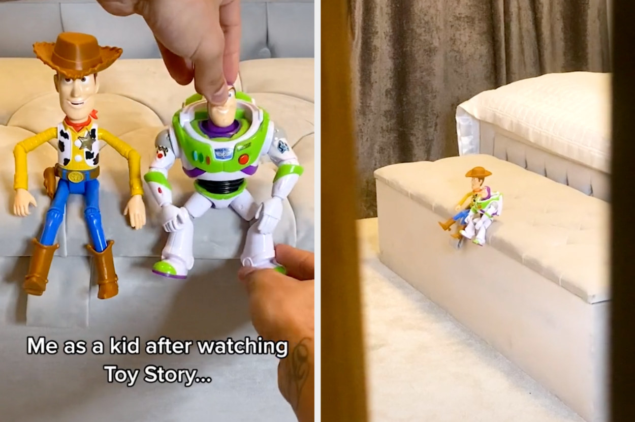 Someone pretends to spy on a Woody and Buzz Lightyear toy through a door that&#x27;s creaked open