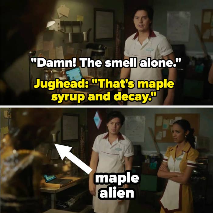 Jughead and a coworker inspect the maple preserved corpse of an alien