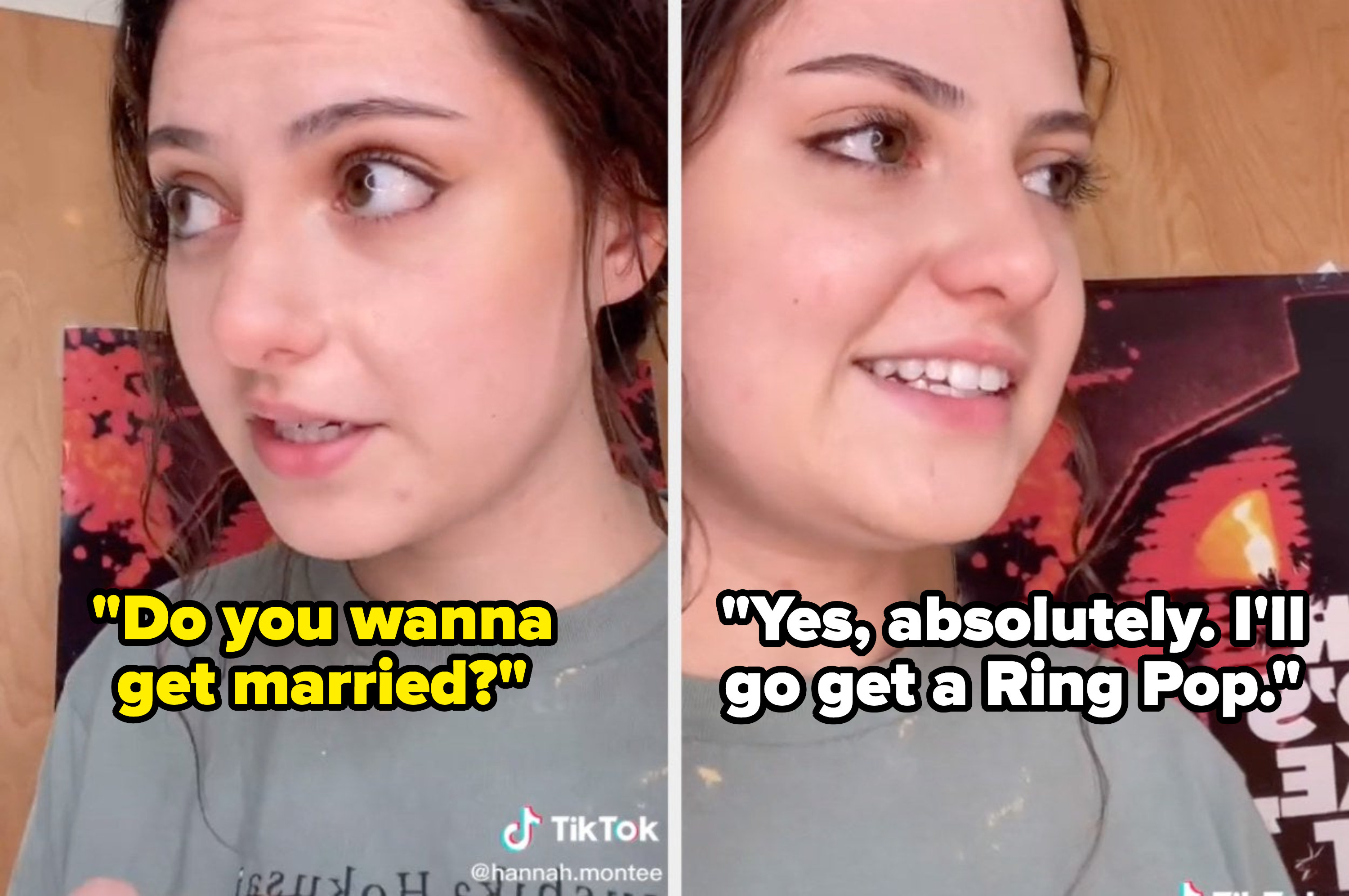 A TikToker pretends to be a kid asking, &quot;Do you wanna get married?&quot; then replies, &quot;Yes, absolutely. I&#x27;ll go get a Ring Pop.&quot;