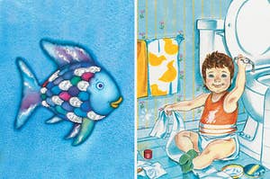 the rainbow fish swimming beside a child on the bathroom floor playing with toilet paper