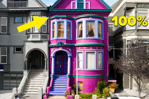 a brightly colored house in between two boring houses