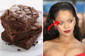 On the left, a plate of brownies, and on the right, Rihanna with an arrow pointing to her eye