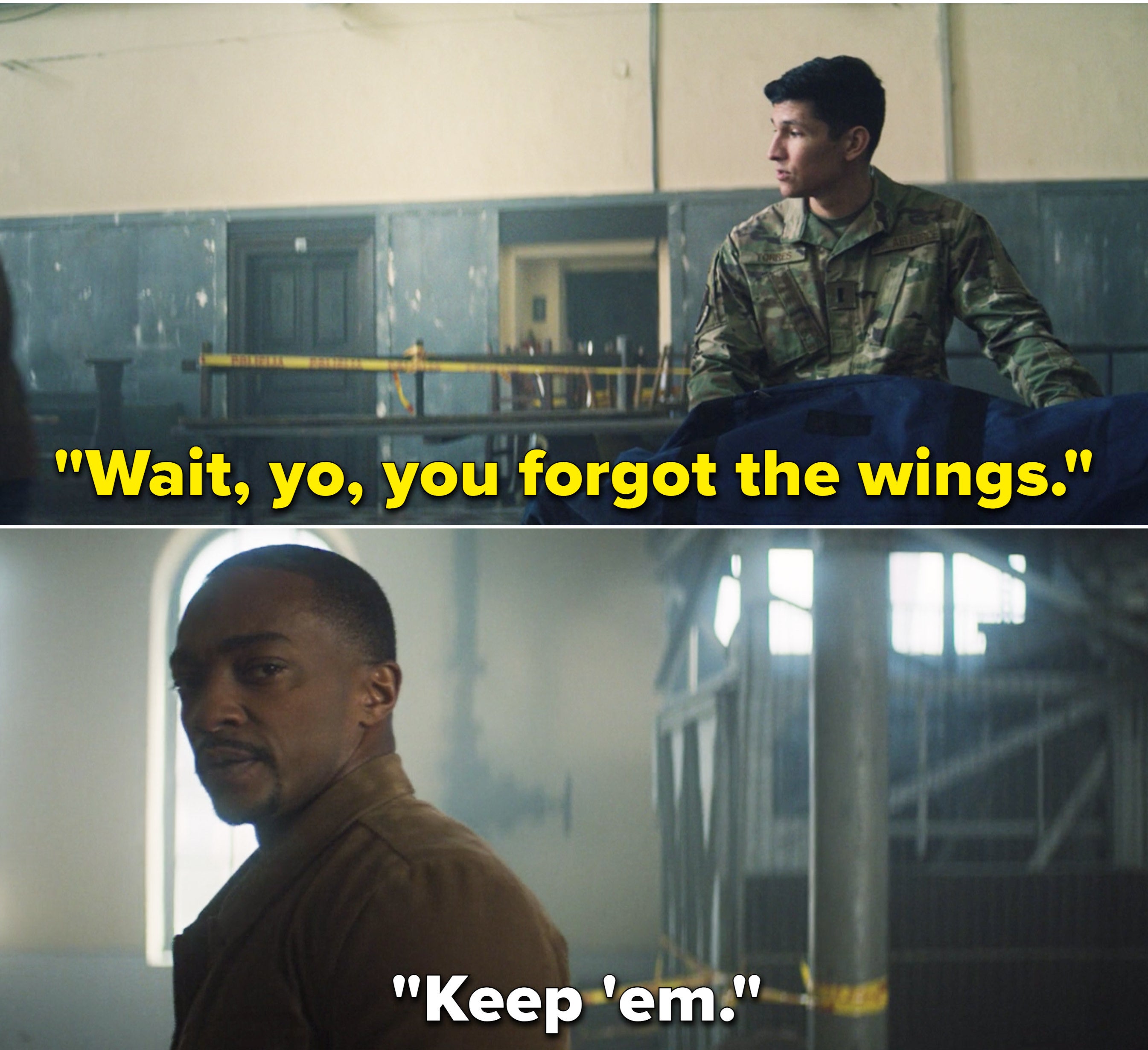 Joaquin saying, "Wait, yo, you forgot the wings" and Sam saying, "Keep 'em"