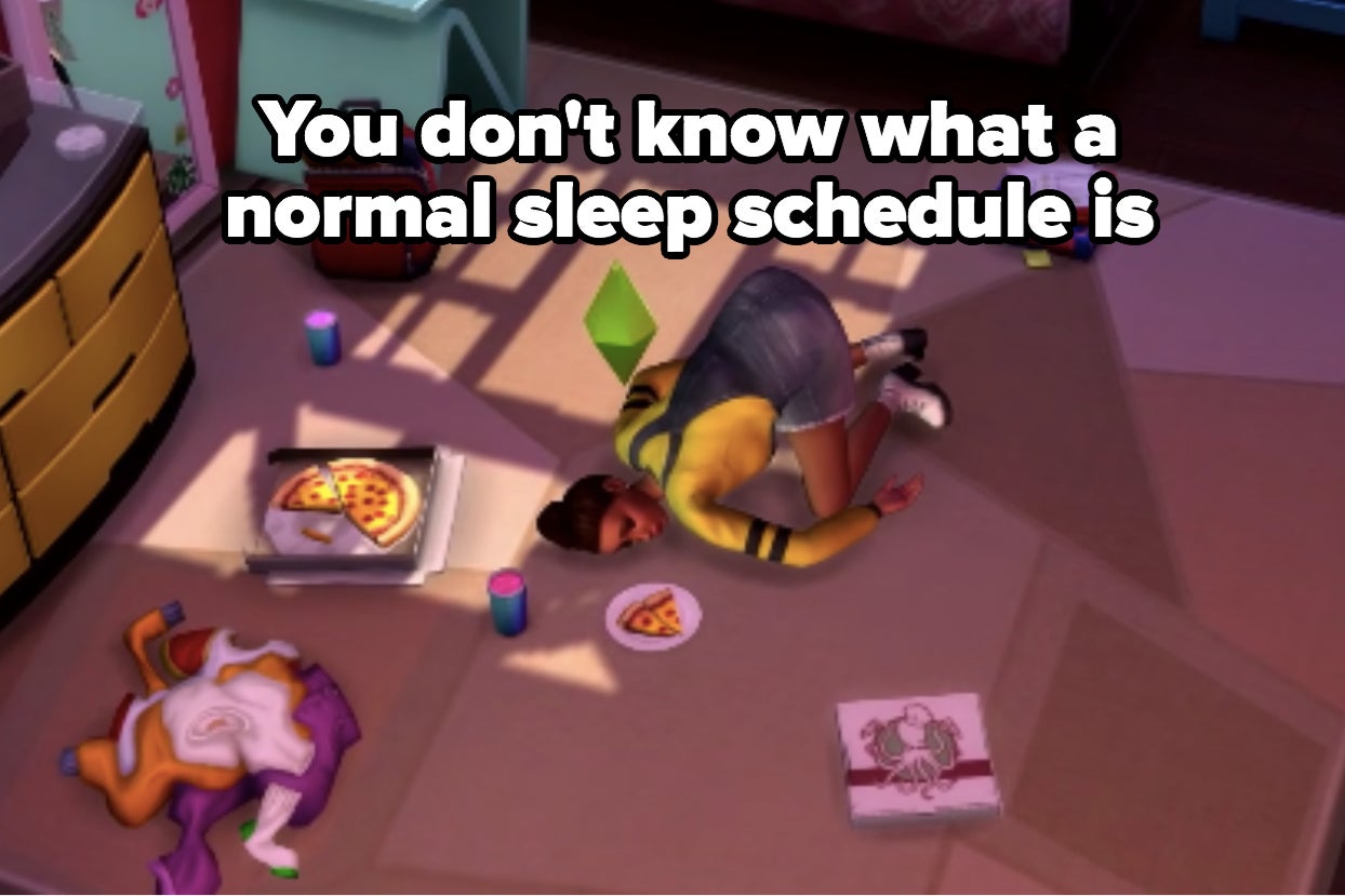 Sim lying on the floor surrounded by laundry and pizza captioned