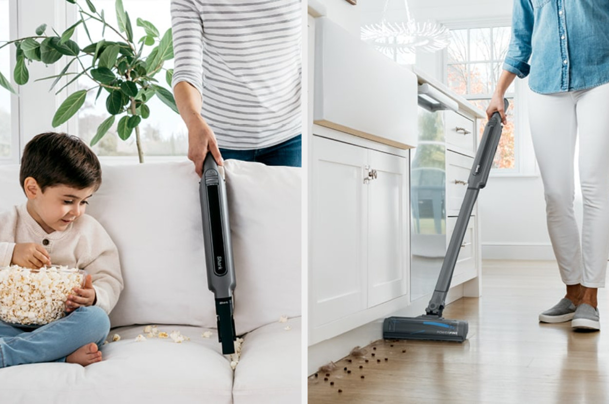 a vacuum cleaning handheld and on hardwood floors