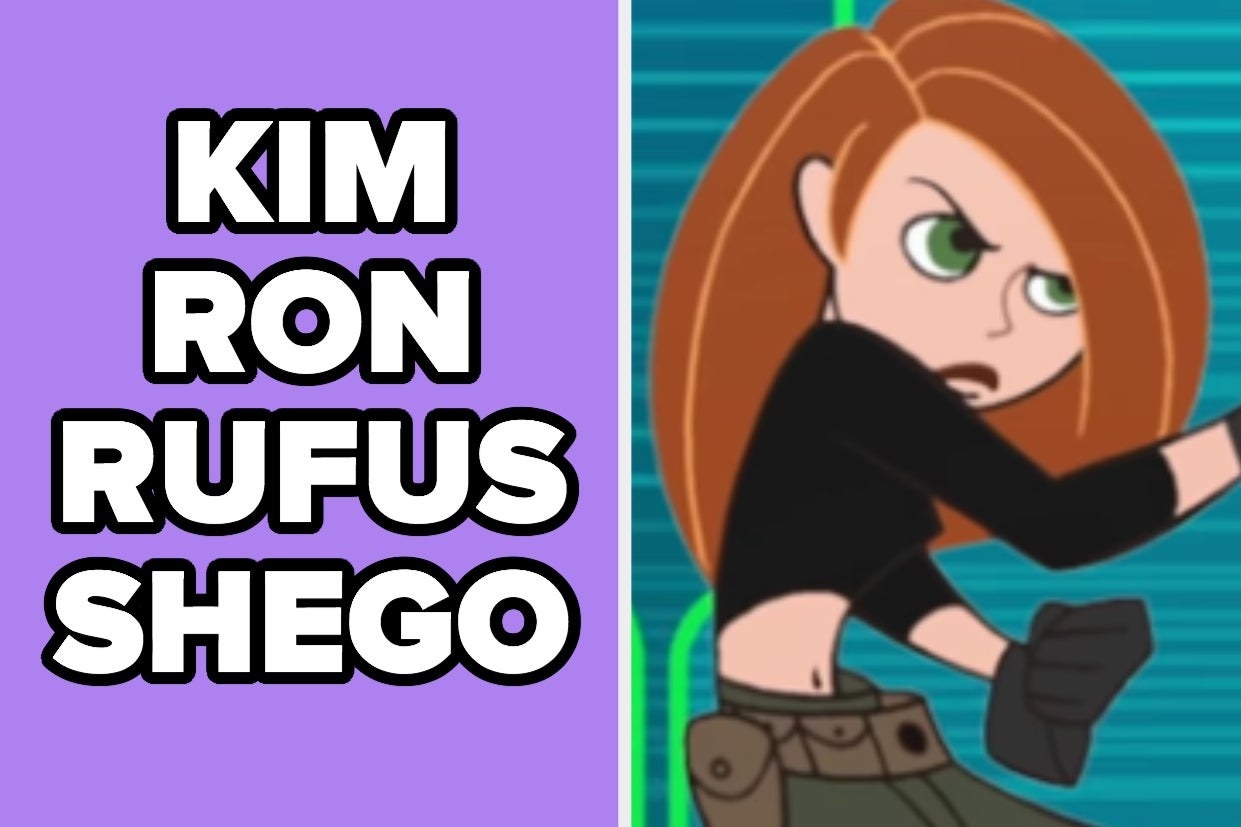 Kim Possible with the words &quot;Kim, Ron, Rufus, Shego&quot; 