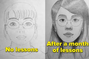 An average drawing of a girl then an amazing one with the text: after a month of lessons