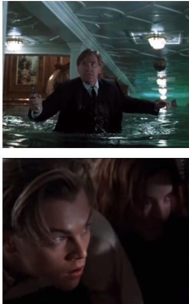 Billy Zane's valet wades through water in the ship, toting a gun