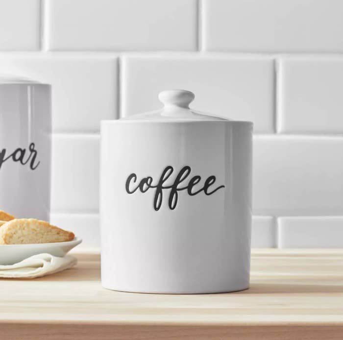The coffee canister on a countertop