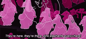 Pink elephants marching with the caption. &quot;They&#x27;re here, they&#x27;re there, pink elephants everywhere!&quot;