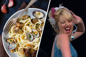 A seafood pasta dish is on the left with Sharpay singing on the right