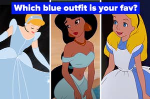 Cinderella is on the left with Tiana and Alice all wearing blue with a label that reads "Which blue outfit is your fav?"