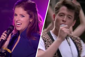 Anna Kendrick is on the left singing into a mic with Matthew Broderick singing into a mic on the right