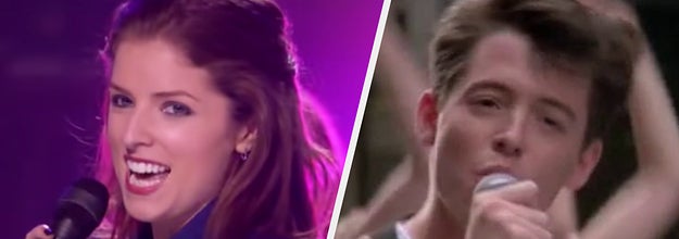 Anna Kendrick is on the left singing into a mic with Matthew Broderick singing into a mic on the right