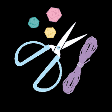 An illustrated GIF of beads, scissors and embroidery thread moving side to side.