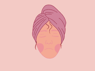 An illustrated GIF of a person with a towel turban, putting on a face mask.