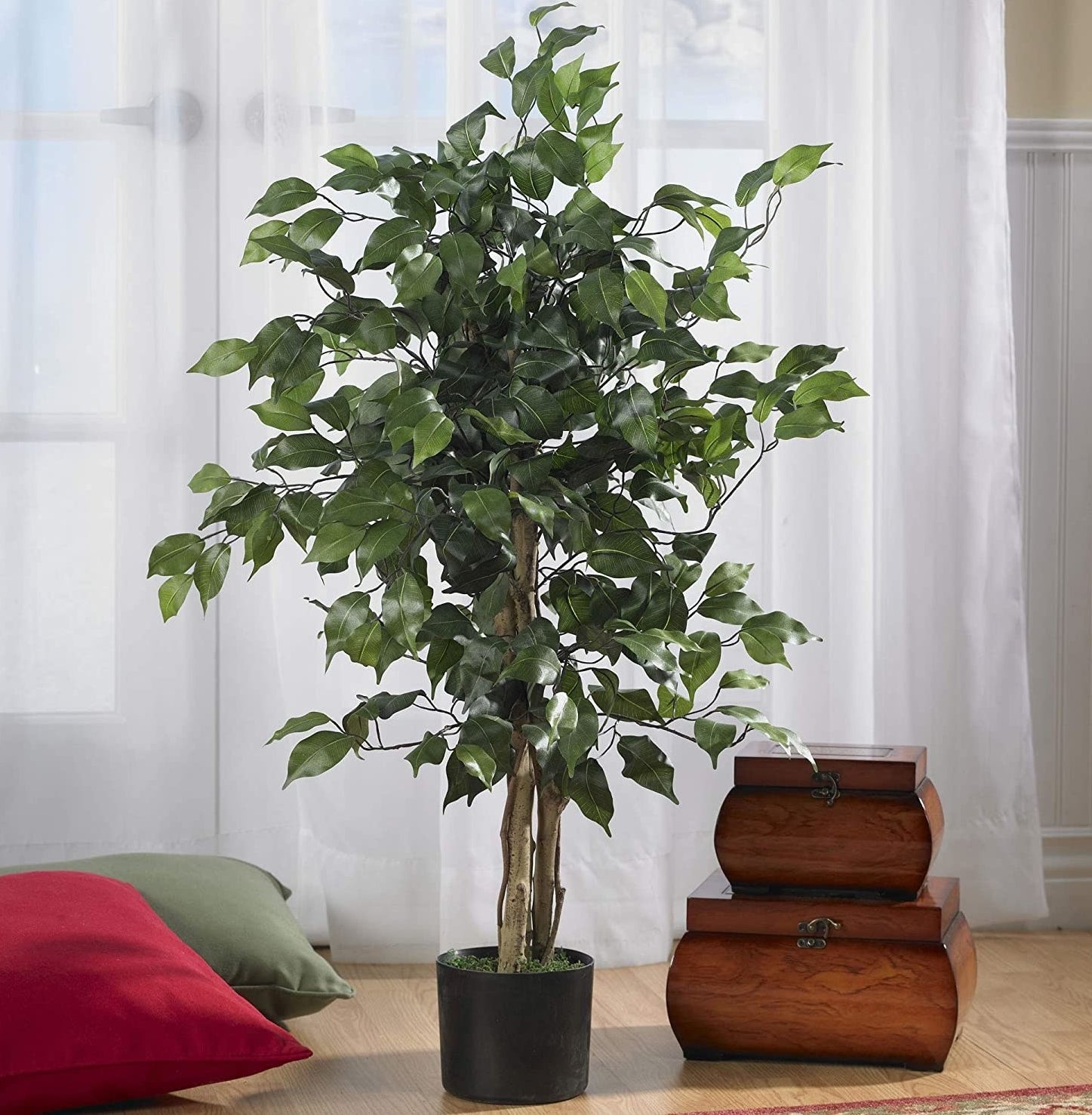 A three-foot-tall faux ficus plant in a black pot