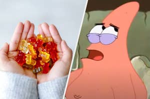 A woman is on the left holding gummy candy while Patrick's mouth is open on the right