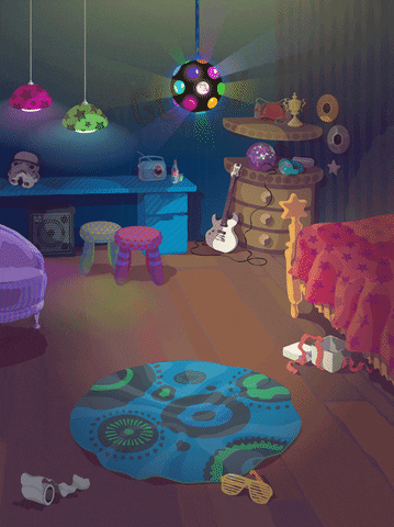An illustrated GIF of a colourful disco ball going round and round in a dark, messy bedroom. 