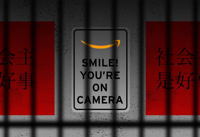 An image of a sign with Amazon&#x27;s logo and the phrase, &quot;SMILE! YOU&#x27;RE ON CAMERA&quot;