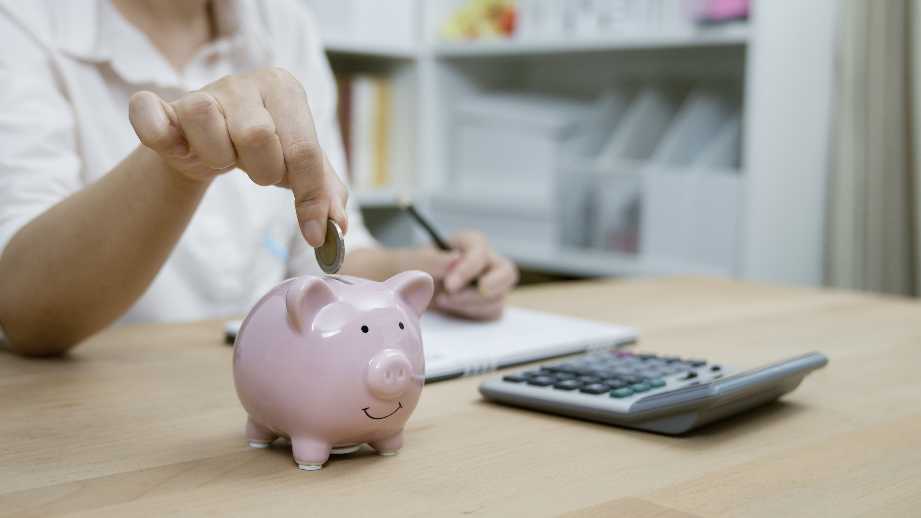 Person putting a coin in a piggy bank