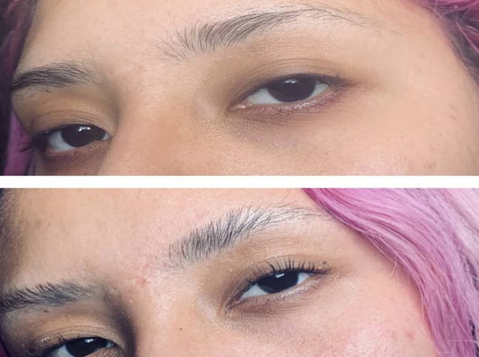 Reviewer&#x27;s before-and-after of filling her brows in