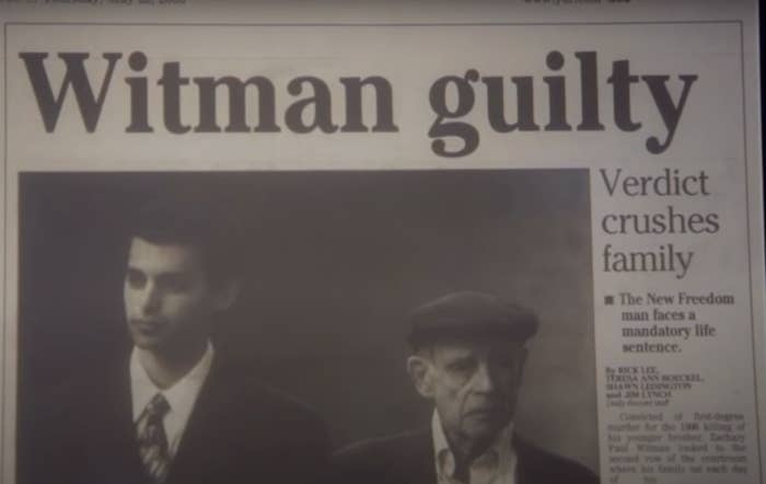 Zachary Witman on his way to court on the front page of a newspaper under the headline "Witman guilty"