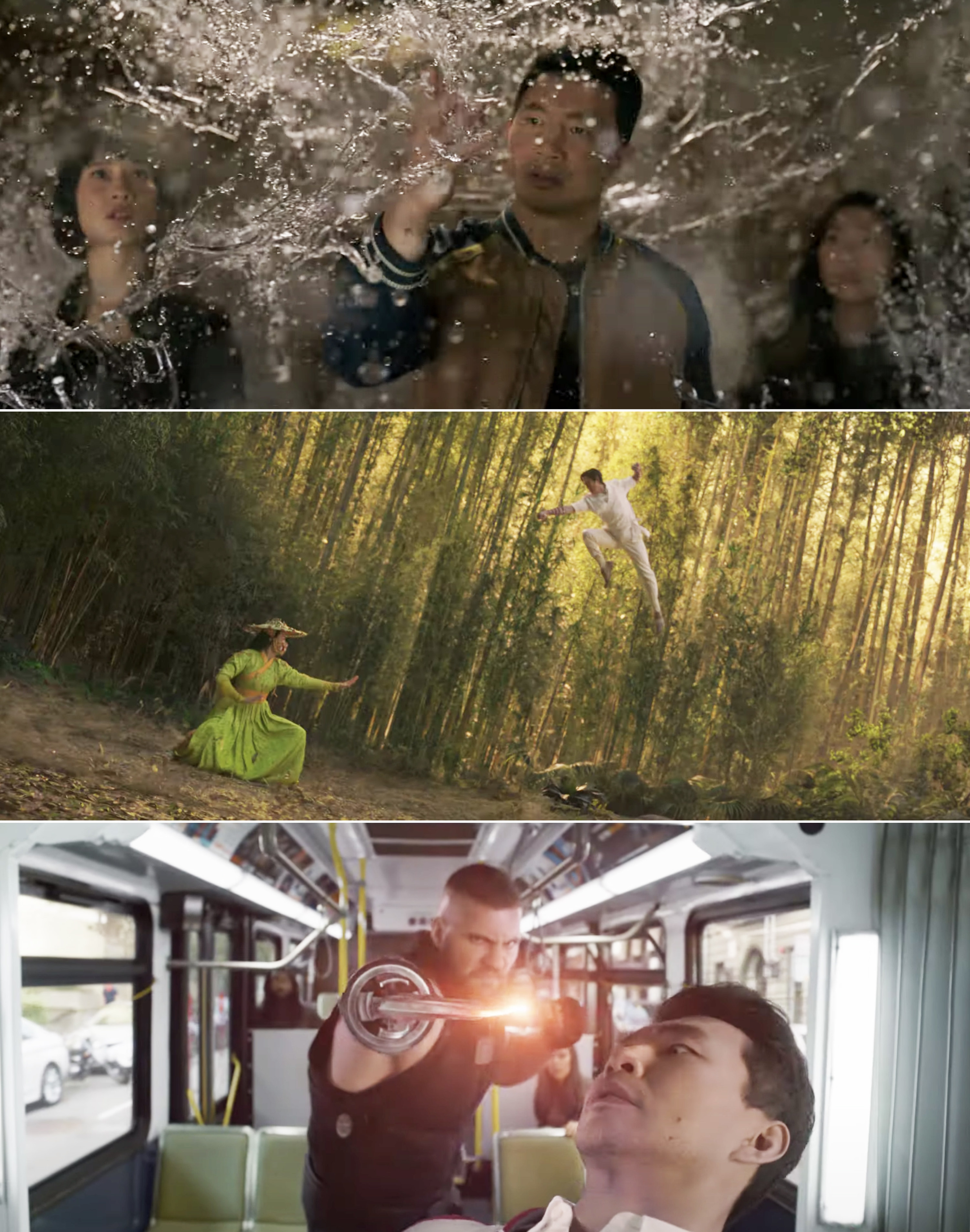 Simu touches water that seems to float in the air; a high-flying fight in a forest; and a fight scene on a moving bus