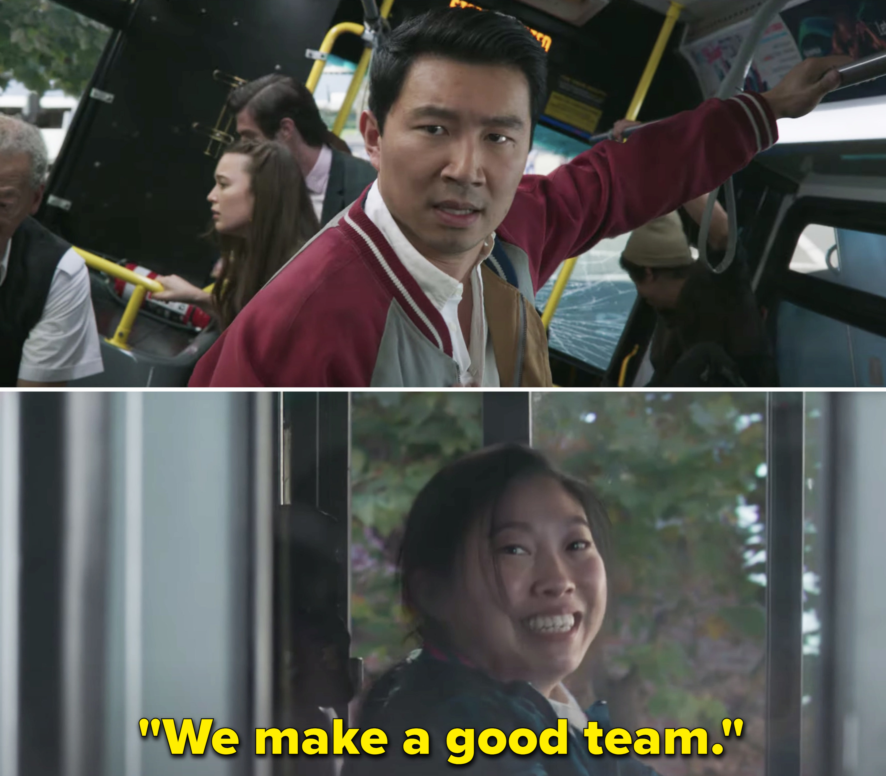 Awkwafina smiling after driving a bus and saying &quot;We make a good team&quot; to a slightly distressed Simu