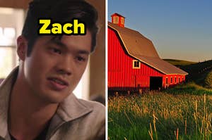 Ross Butler as Zach Dempsey in the show "13 Reasons Why" and a large barn sits in a grassy field.