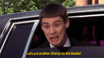 Lloyd in Dumber and Dumber saying &quot;let&#x27;s put another shrimp on the barbie!&quot;