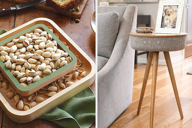 a two-tier pistachio dish and an end table with a built-in speaker
