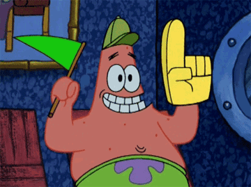 patrick from spongebob excitedly waves flag and foam finger 