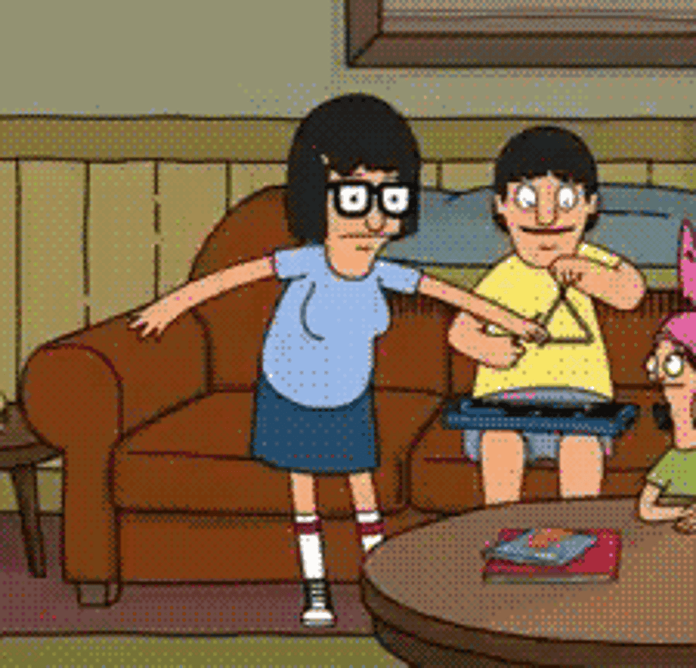A gif of Tina from Bob&#x27;s Belchers going a happy dance