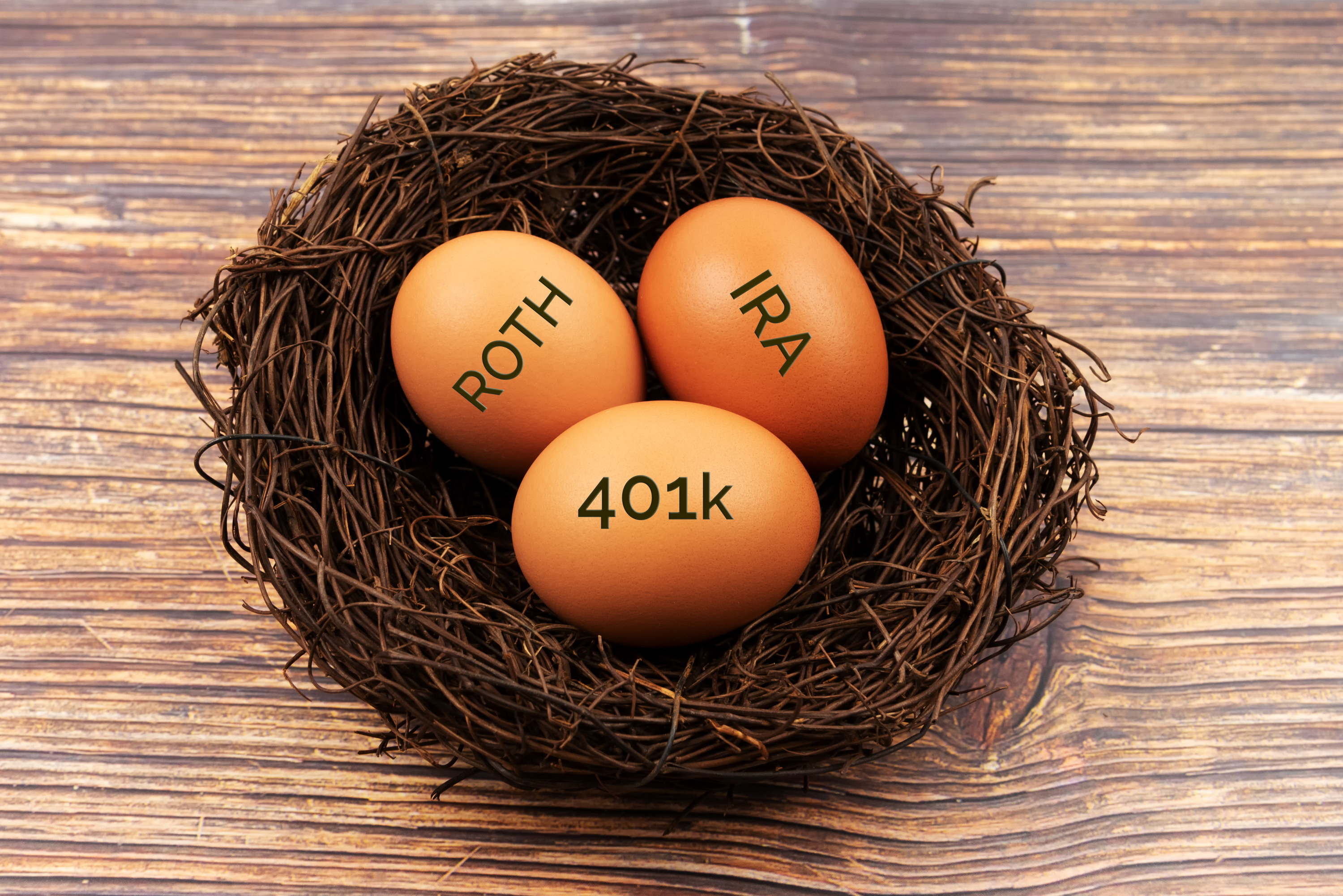 Nest with &quot;Roth&quot; &quot;IRA&quot; and &quot;401K&quot; written on the eggs