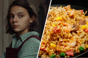 Dafne Keen as Lyra Belacqua in the show "His Dark Materials" and a plate of shrimp fried rice with vegetables in it.